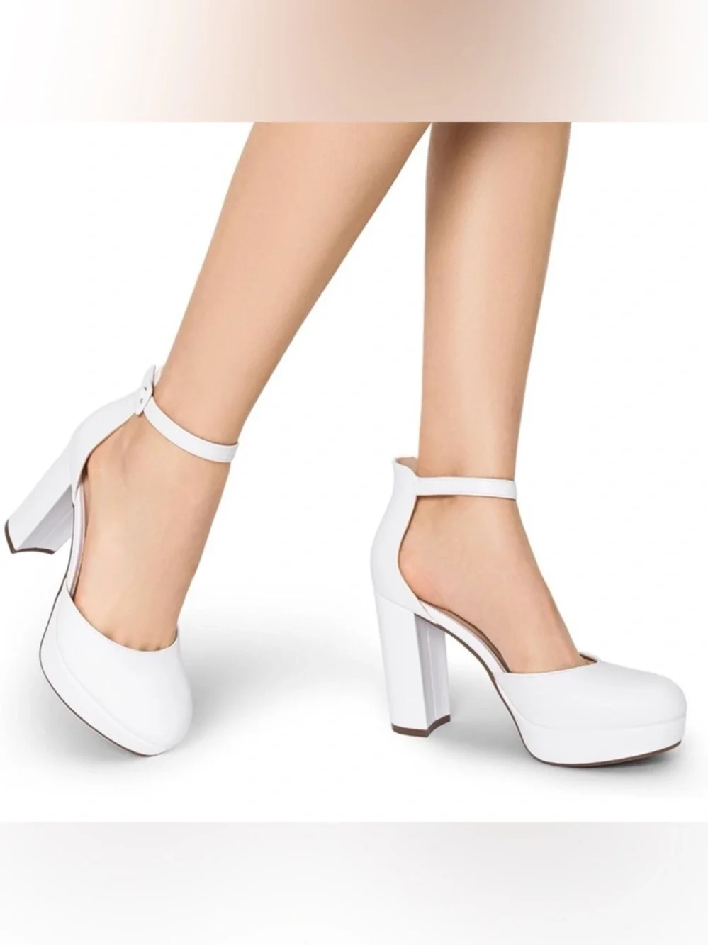DREAM PAIRS White Platform Block Heel Ankle Strap Pumps 7.5